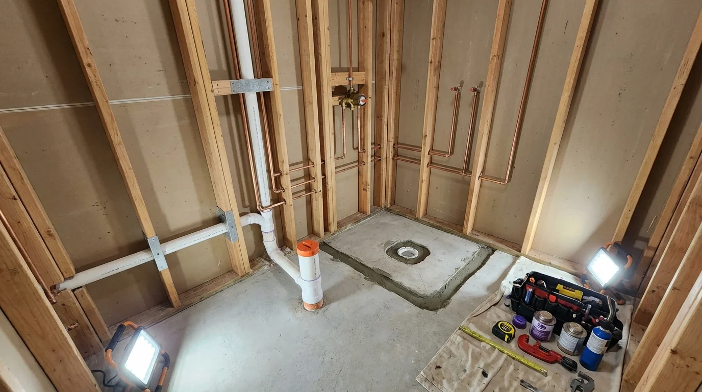 Bathroom rough-in plumbing during remodel by Johns Plumbing LLC in Fall River