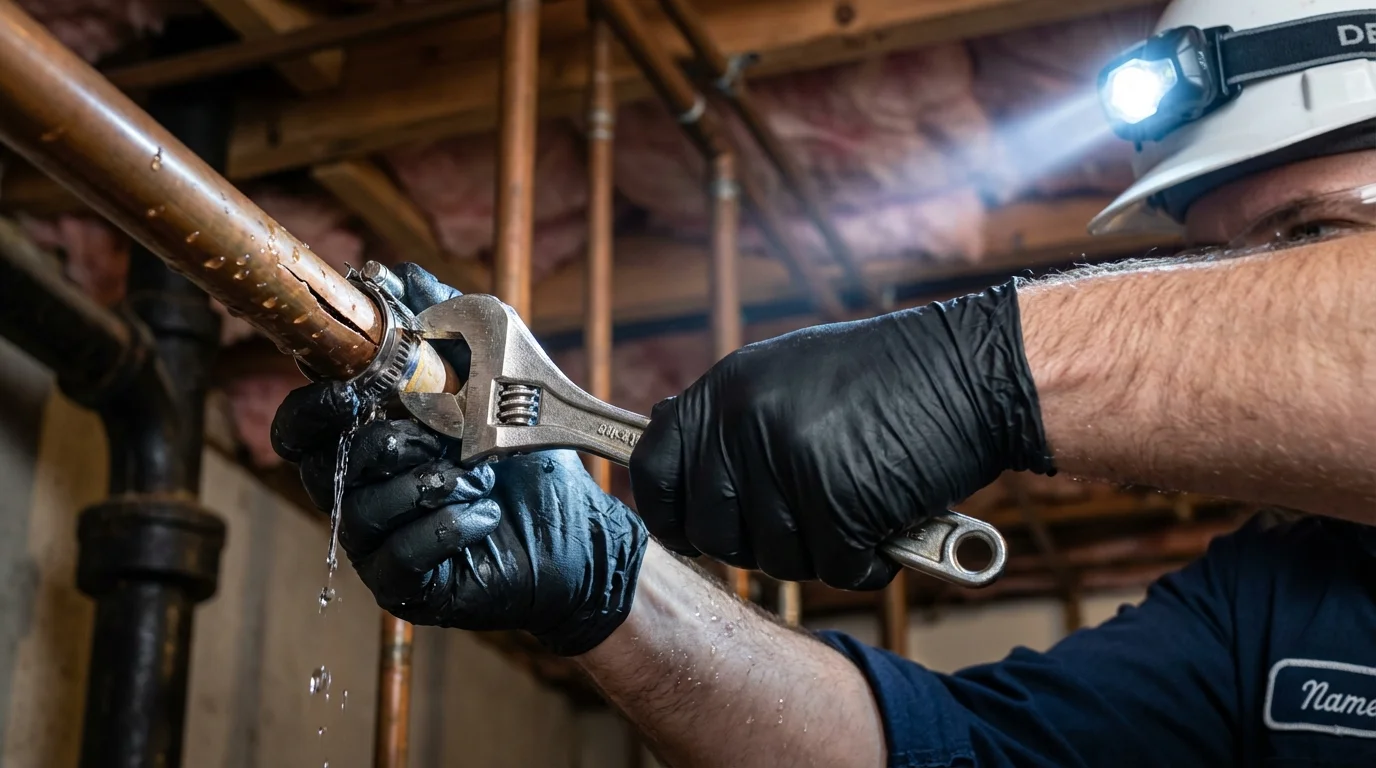 Emergency pipe clamp repair being performed by a Johns Plumbing LLC plumber in Fall River