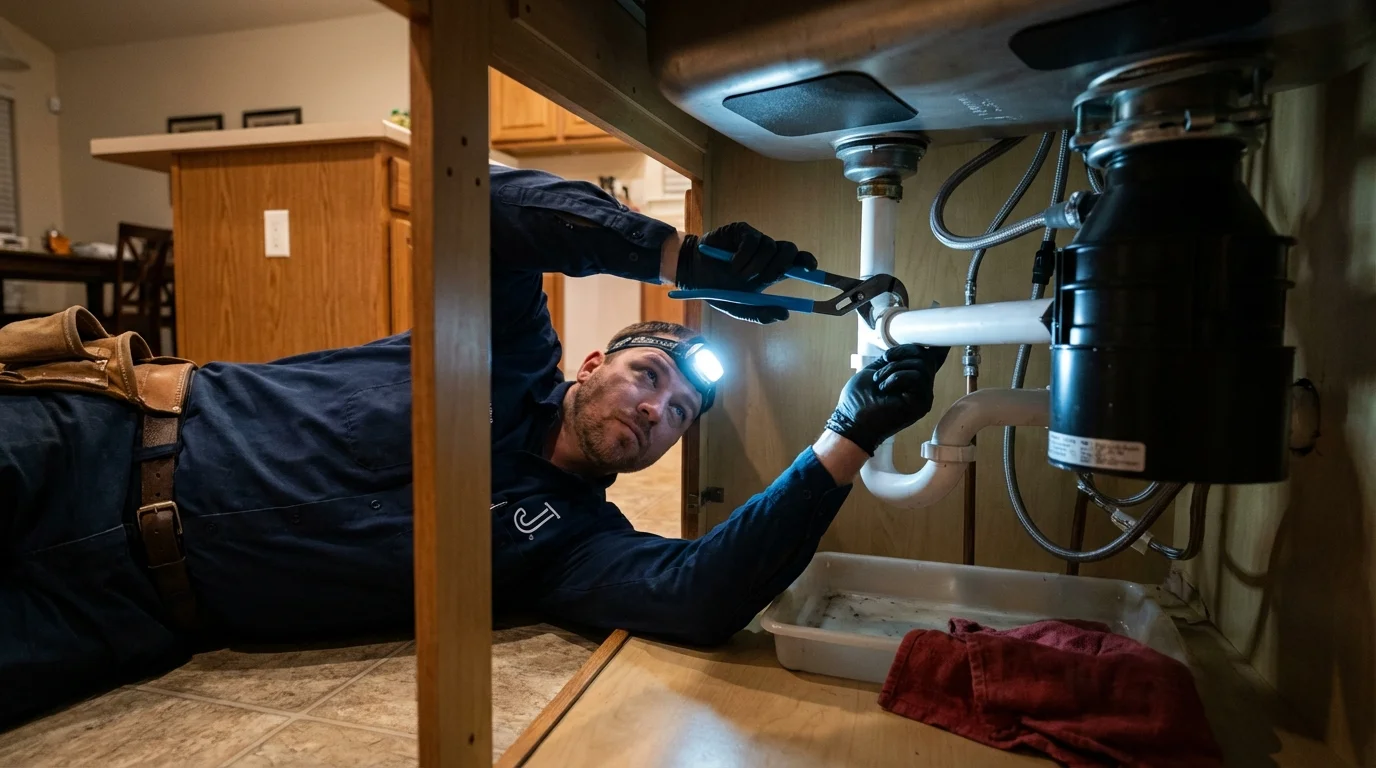 P-trap and supply line connections under a kitchen sink showing a common leak point in Fall River, MA